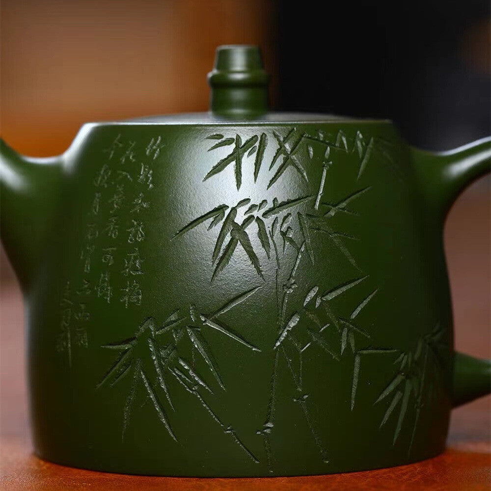 True Yixing Zisha Republic Green Clay Tea Pot Marked Bamboo Carved Chinese Pots