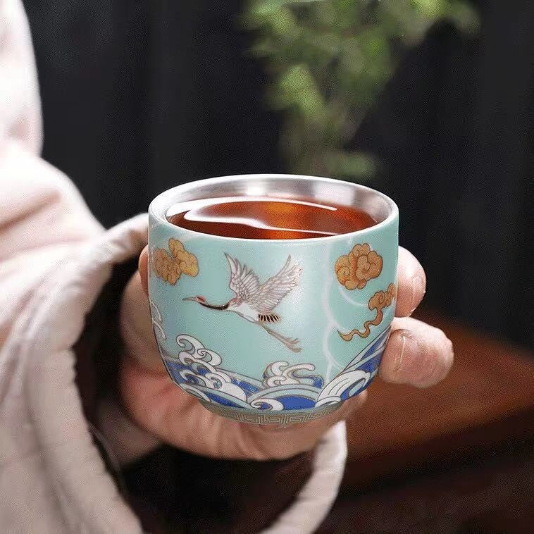 Ceramic Tea Cup Sterling Silver Master Cup Crane Print Chinese Kungfu Cup Of Tea