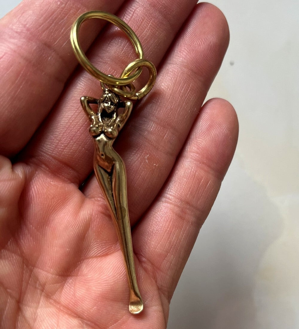 Brass Naked Girl Statue Earpick Keyring Collectible Belle Handwork Ring Decor