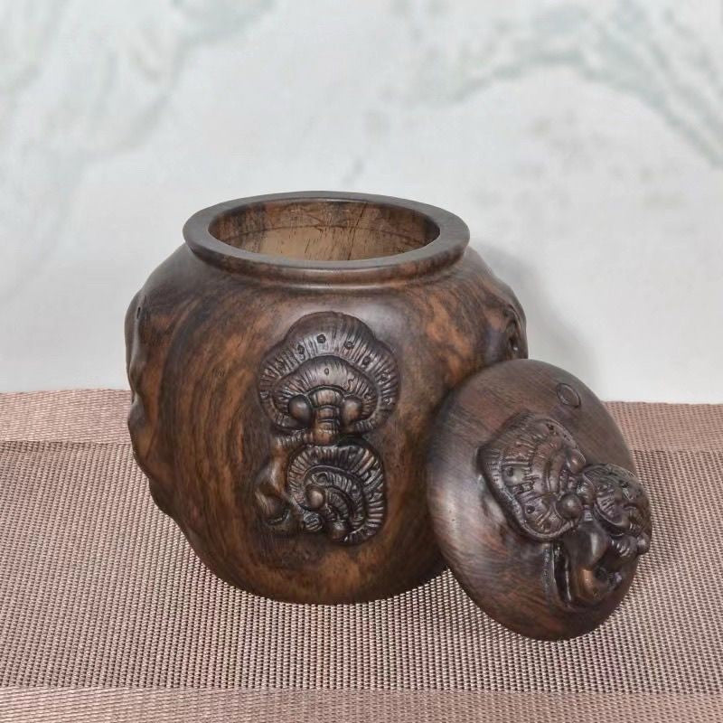 Ebony Wood Tea Caddy Carved Ganoderma Peach Relief Vintage Chinese Jar