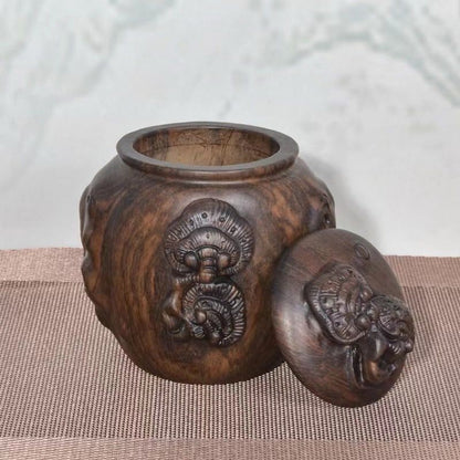 Ebony Wood Tea Caddy Carved Ganoderma Peach Relief Vintage Chinese Jar