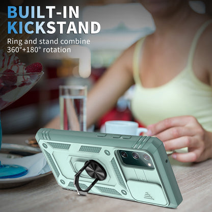 For Samsung Galaxy S20 FE 5G Stand Case + Camera Lens Slide Cover Tempered Glass