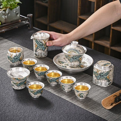 Boutique Tea Set Pure Silver Ceramic Gaiwan Pitcher Matching Tea Cup Filter Net