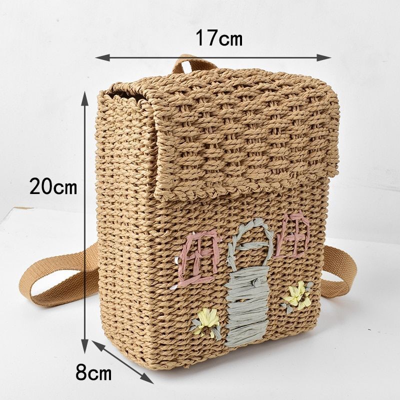 Straw Woven Bag Backpack 20-35L Hasp Polyester Brown Purse Retractable Traveling