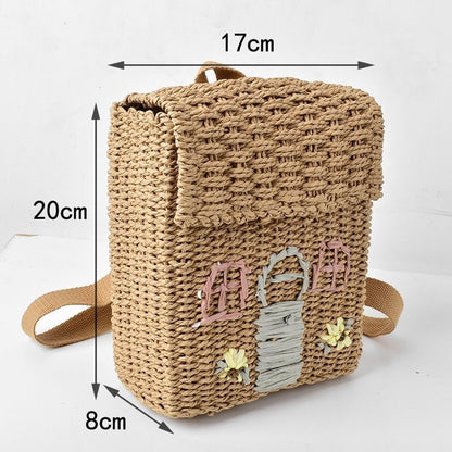 Straw Woven Bag Backpack 20-35L Hasp Polyester Brown Purse Retractable Traveling