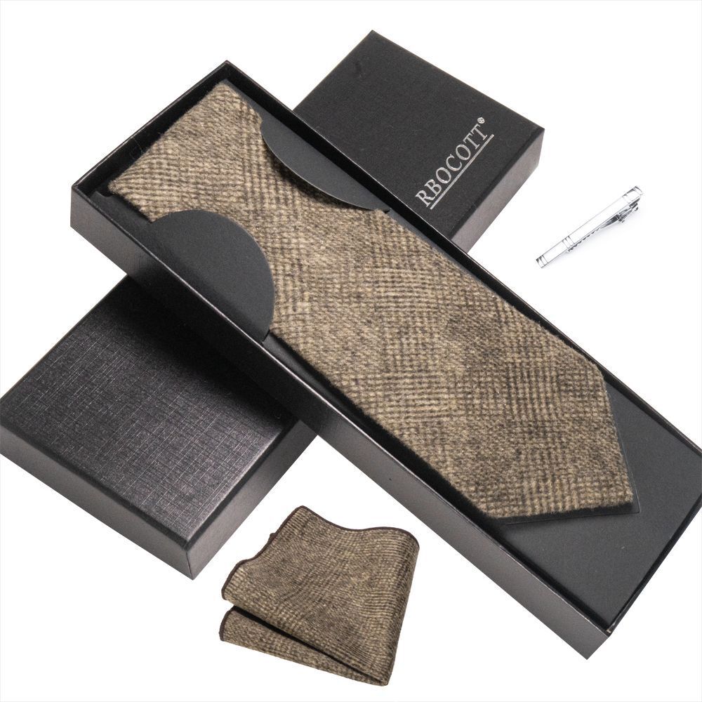 Men Necktie Set 3Pcs Clips Handkerchief Wool Gift Ties Suits Wedding Accessories