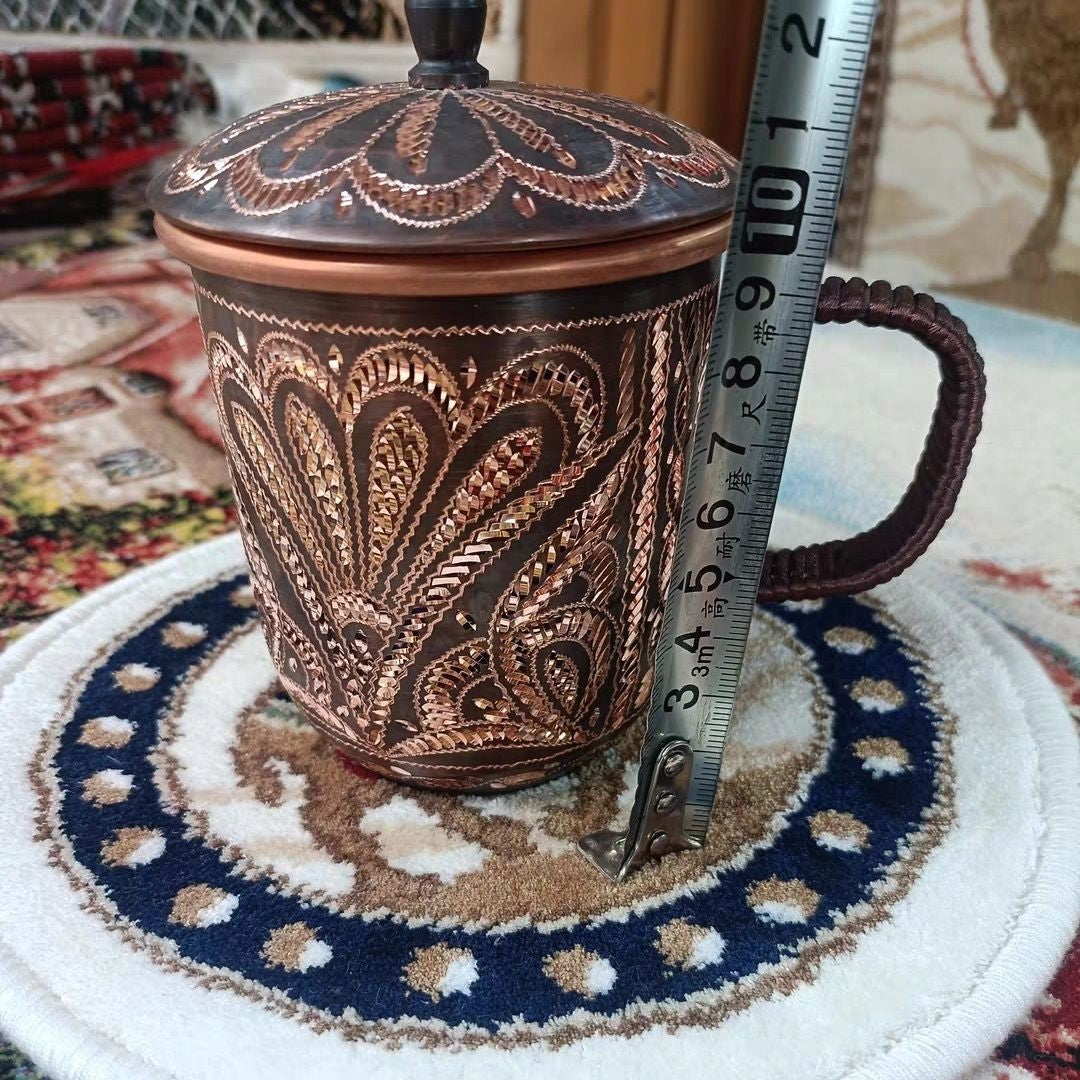 Chinese Handmade Copper Teacup 8.5cm Ethnic Mug with Lid