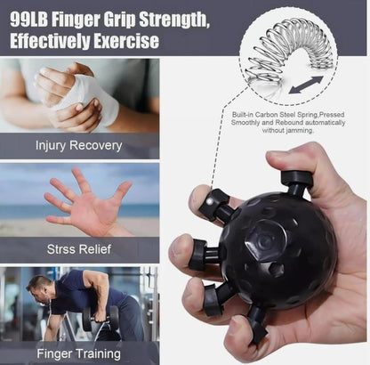 Hand and arm exerciser, pressure finger device, portable grip ball