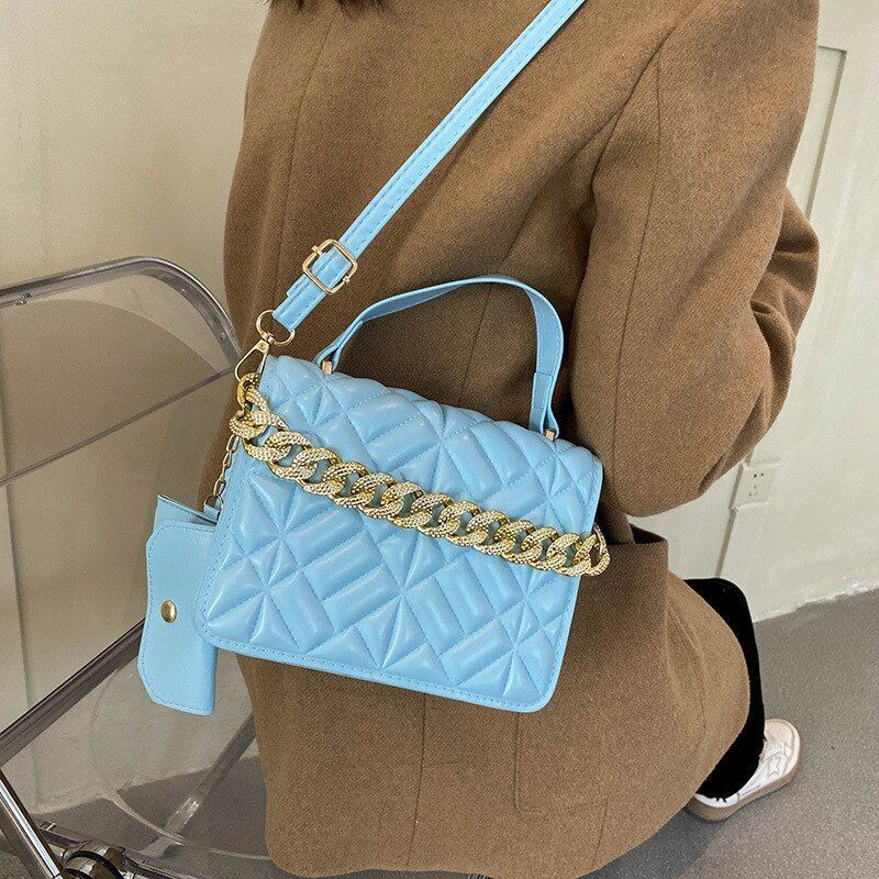 Women Synthetic Leather Shoulder Bag Fashion Plaid Crossbody Bag 20*14*6 CM Blue