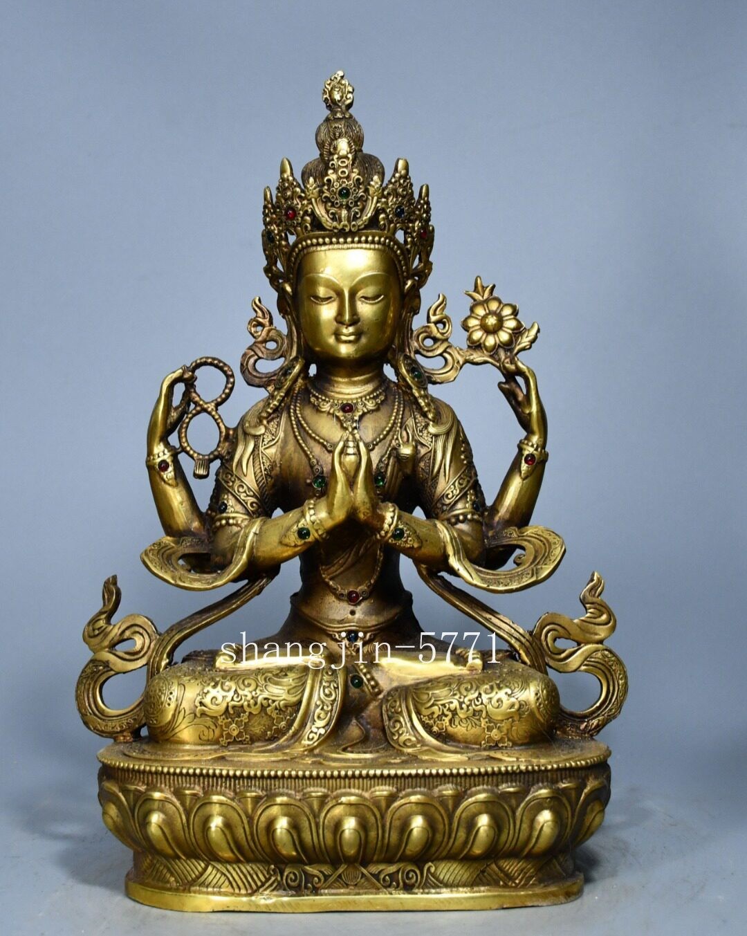 8.4"old Xizang Buddhism Temple Bronze Four Arms Chenrezig Buddha Statue