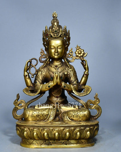 8.4"old Xizang Buddhism Temple Bronze Four Arms Chenrezig Buddha Statue