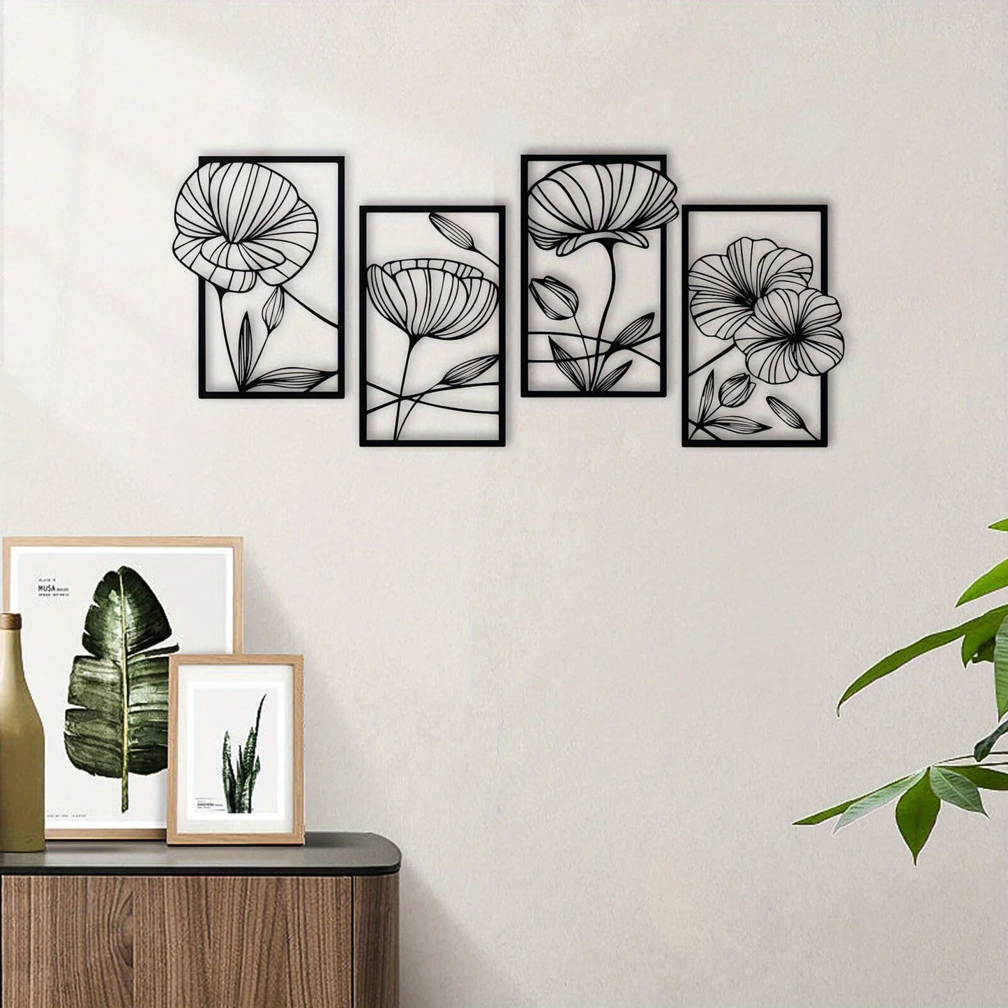 4 Piece Metal Lotus Flower Wall Decor, Floral Aesthetic Splicing Line Art