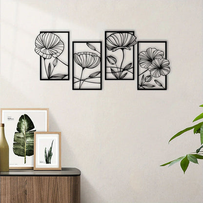 4 Piece Metal Lotus Flower Wall Decor, Floral Aesthetic Splicing Line Art