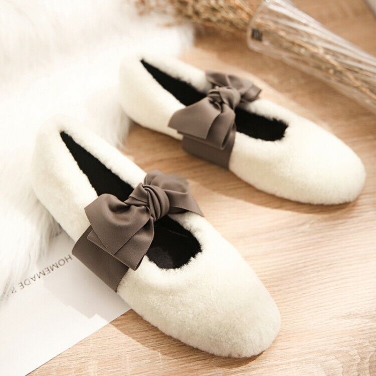 Women Lamb Fur Fluffy Bow Knot Ballerinas Ballet Flat Shoes Casual Comfort Shoes