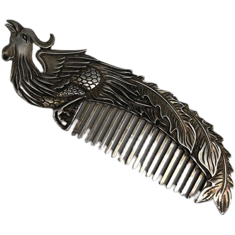 Antique White Gilt Silver Copper Comb Retro Phoenix Pattern Ethnic Style Comb