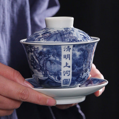 Blue-and-white Porcelain Tea Set Riverside Scene At Qingming Festival Gaiwan Cup