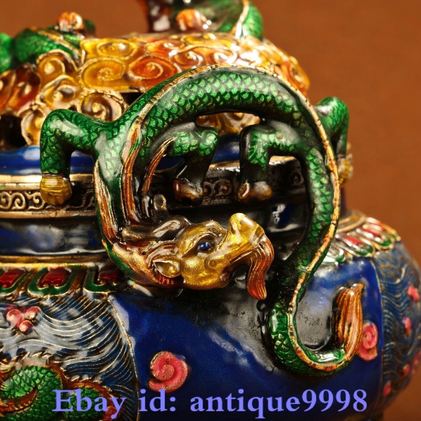 7.8" Old China Cloisonne Enamel Pure Bronze Dragon 3 Legs Incense Burner Censer