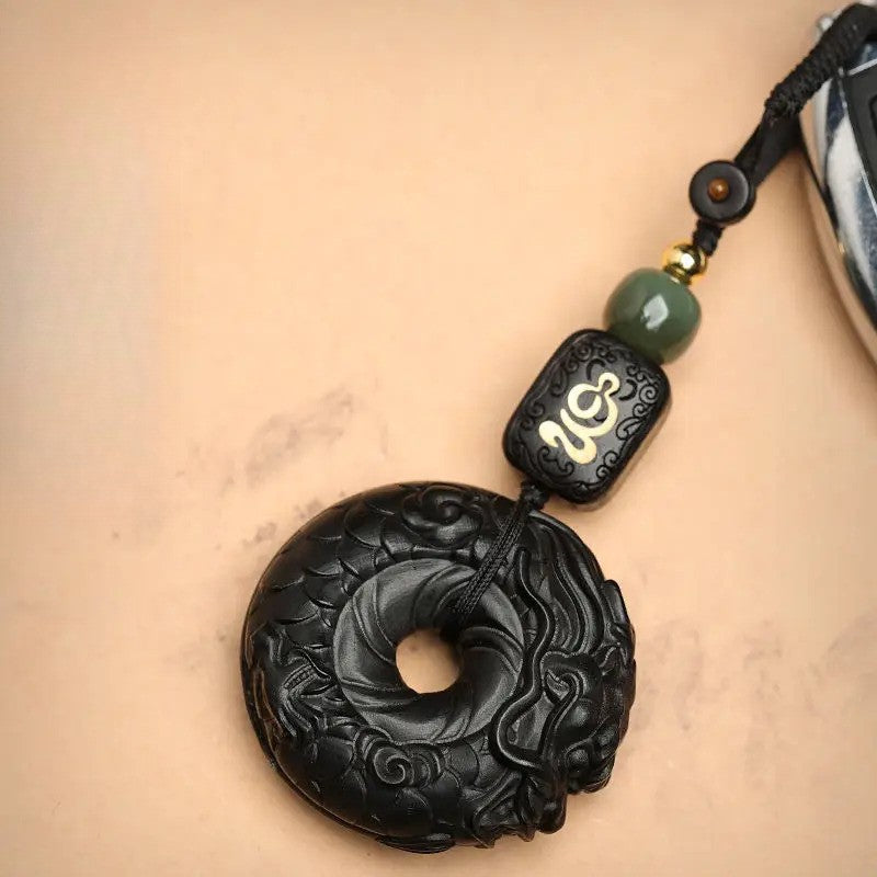 1Pc Natural Ebony Keychain Pendant Xiang Long Ping An Buckle Jewelry Hanging