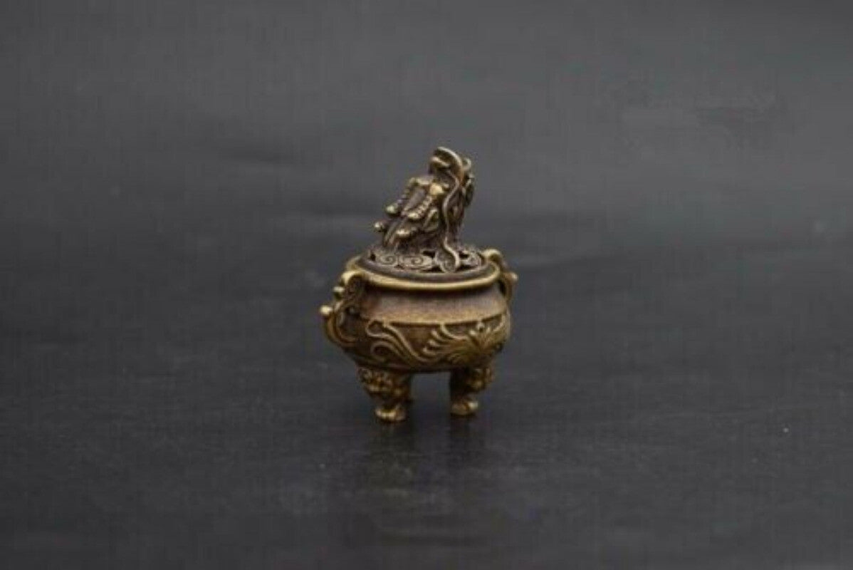 6 CM Pure Bronze Copper Foo Dog Lion Dragon Head Incense Censer Home Decoration