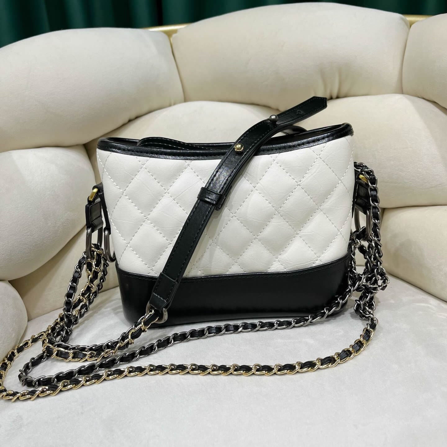 Quilted Real Leather Shoulder Bag Hobo Purse Double Chains Crossbody Handbag