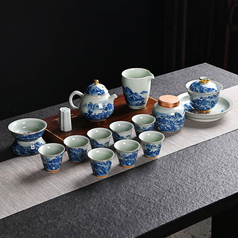 Complete Tea Set True Jingdezhen Blue And White Flower Country Kung Fu Tea Set