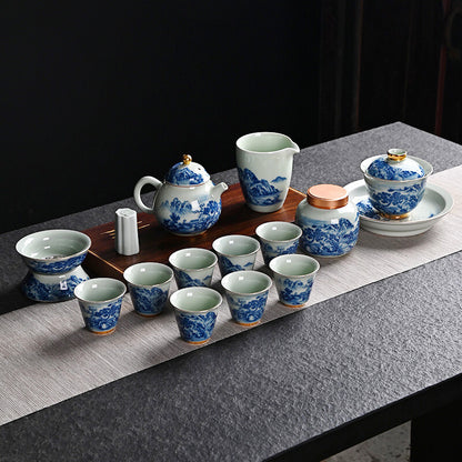 Complete Tea Set True Jingdezhen Blue And White Flower Country Kung Fu Tea Set