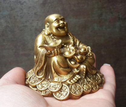 2.9inch Copper Buddhism Wealth Yuanbao Laugh Maitreya Buddha Statue Decoration