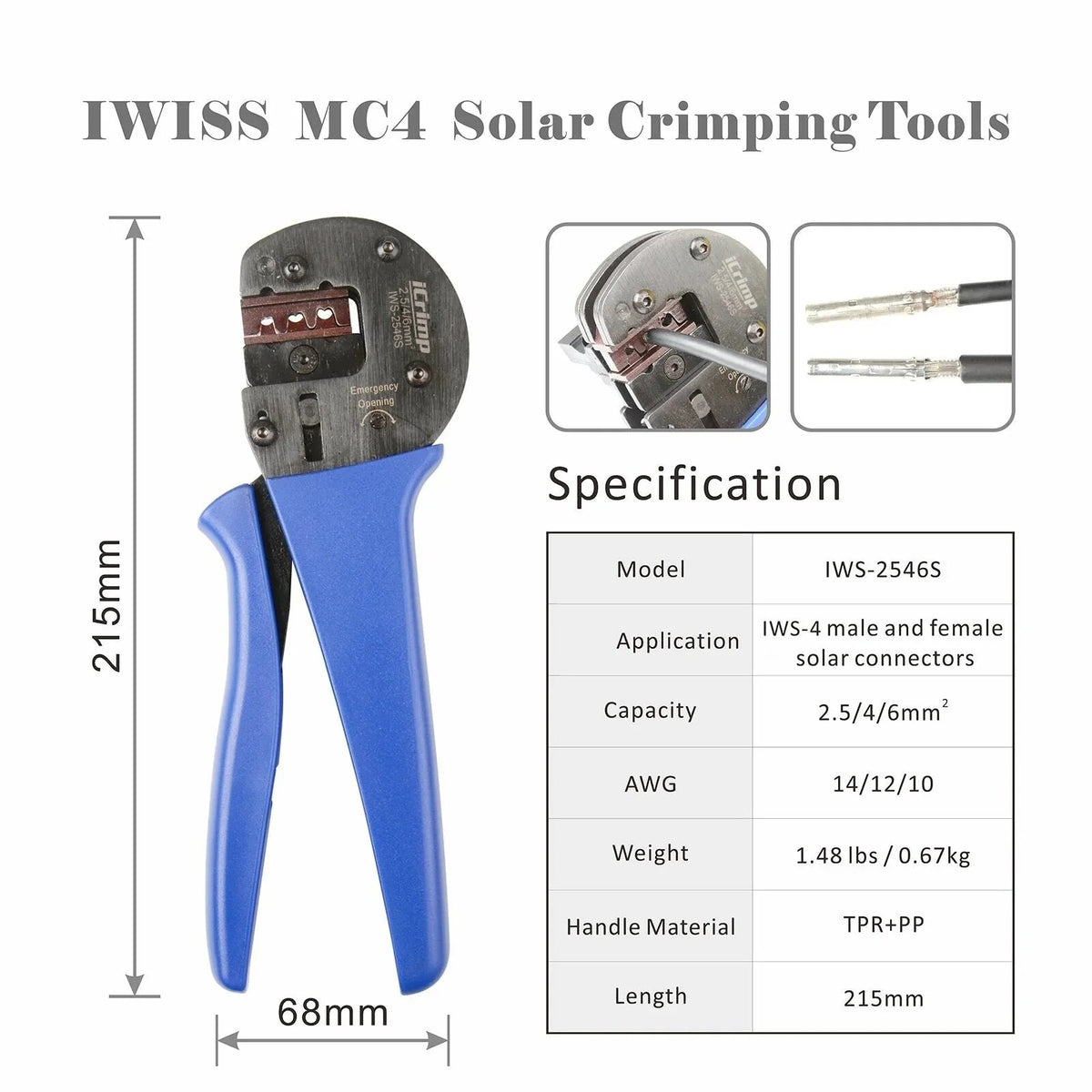 IWS-2546S MC4 Solar Crimping Plier Hand Crimper Crimp Range 2.5/4/6mm2(14-10AWG)
