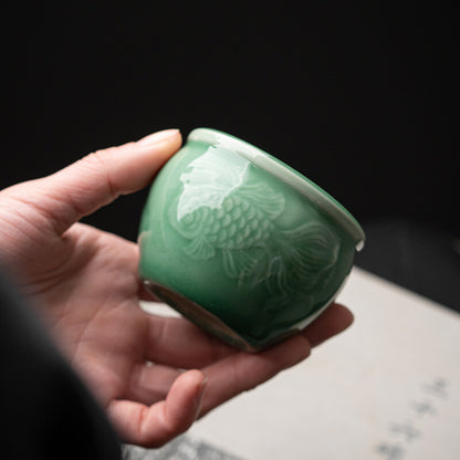 3.4oz China Longquan Celadon Porcelain Tea Cup Master Cup Ceramic Fish Carved