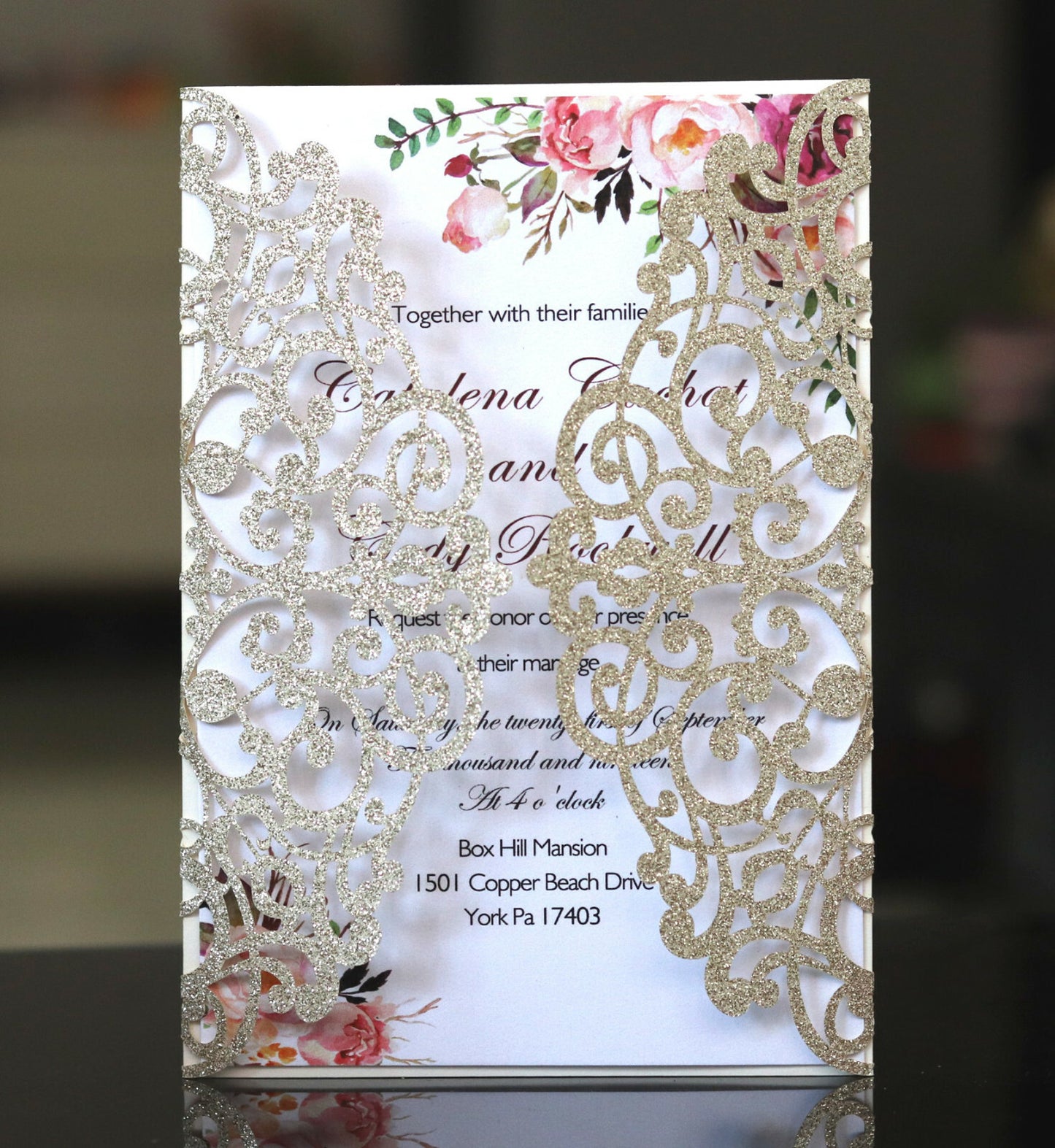 50X Glitter Wedding Invitation Card Laser Cut Romantic Party Floral Personalize