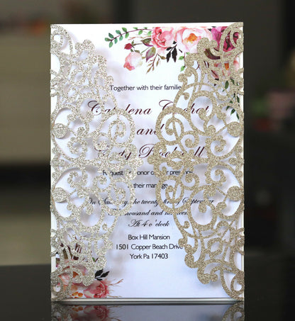 50X Glitter Wedding Invitation Card Laser Cut Romantic Party Floral Personalize