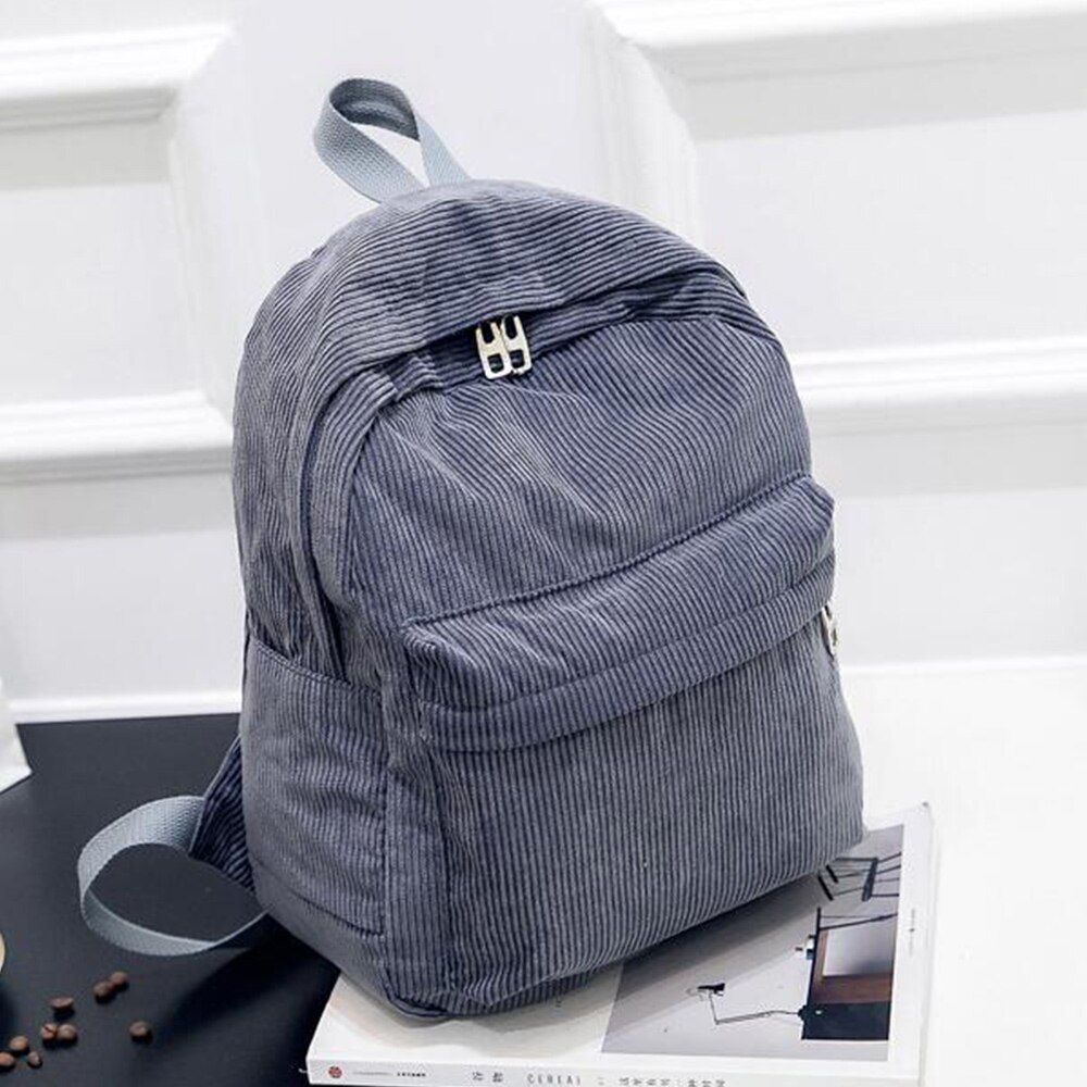 Corduroy Backpack School Travelling Shoulder Bag Softback Cotton Blue 25*12*36CM
