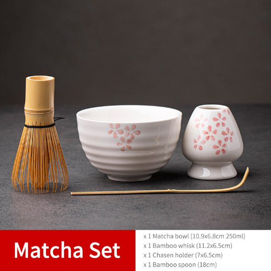 White Cherry Ceramic Matcha Set with Bamboo Whisk and Chasen Stand