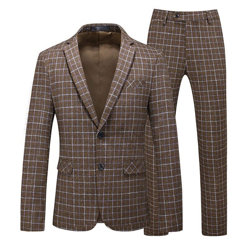Men Plaid Suits Coat+Pants 2 Pieces Sets Men's Party Wedding Groomsmen Suit