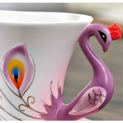 Beautiful Purple Peacock Coffee Cup Set Porcelain Tea Cup Set With Dish Spoon