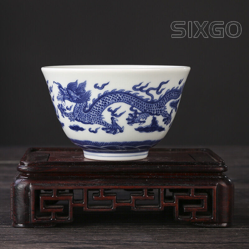 3.1" Chinese Blue-and-white Porcelain Auspicious Animal Dragon Phoenix Cup