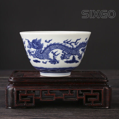 3.1" Chinese Blue-and-white Porcelain Auspicious Animal Dragon Phoenix Cup