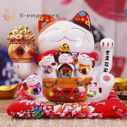 17cm Ceramic Beckoning Cat Maneki Neko Ornament Swing Luck Cat Feng Shui Decor