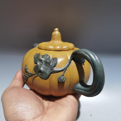 6.6" Chinese Yixing Zisha Pottery Duan Clay 360CC Hand Made Pumpkin Leaf Teapot