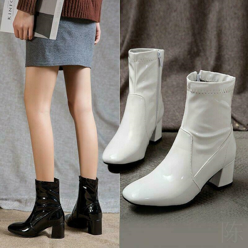 Women's Square Toe Ankle Boots Patent Leather Chunky Heels Leisure Zip Shoes New