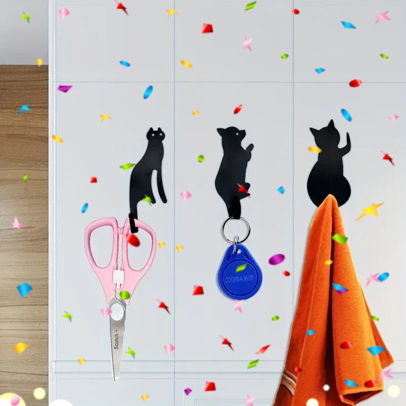 CIFbuy Cute Cat Metal Hooks 3-Pack Adhesive Wall Hanger for Robe Towel
