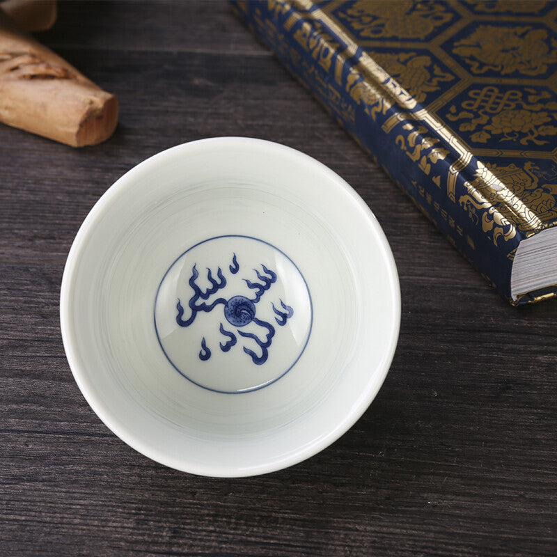 3.1" Chinese Blue-and-white Porcelain Auspicious Animal Dragon Phoenix Cup