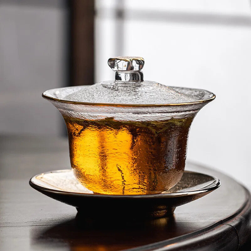 200ml Crystal Glass Gaiwan Hammered Gold Tea Bowl Heat Resistant Kung Fu Tea Set