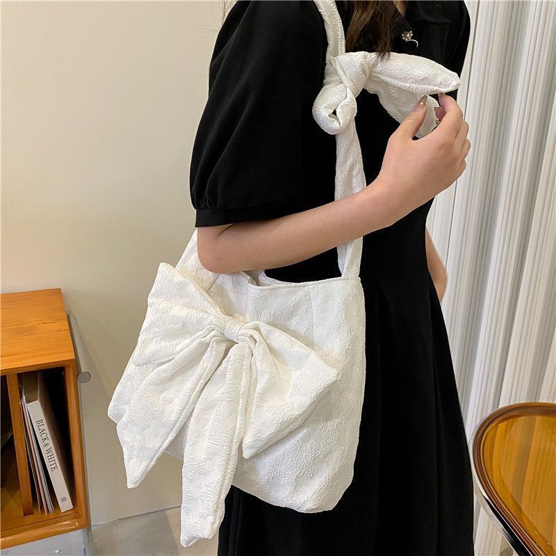 Large Canvas Shoulder Bag Summer Fashion Bow Shopper Bag Adjustable Strap Length