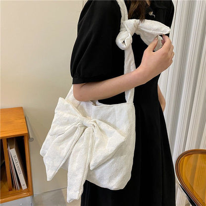 Large Canvas Shoulder Bag Summer Fashion Bow Shopper Bag Adjustable Strap Length