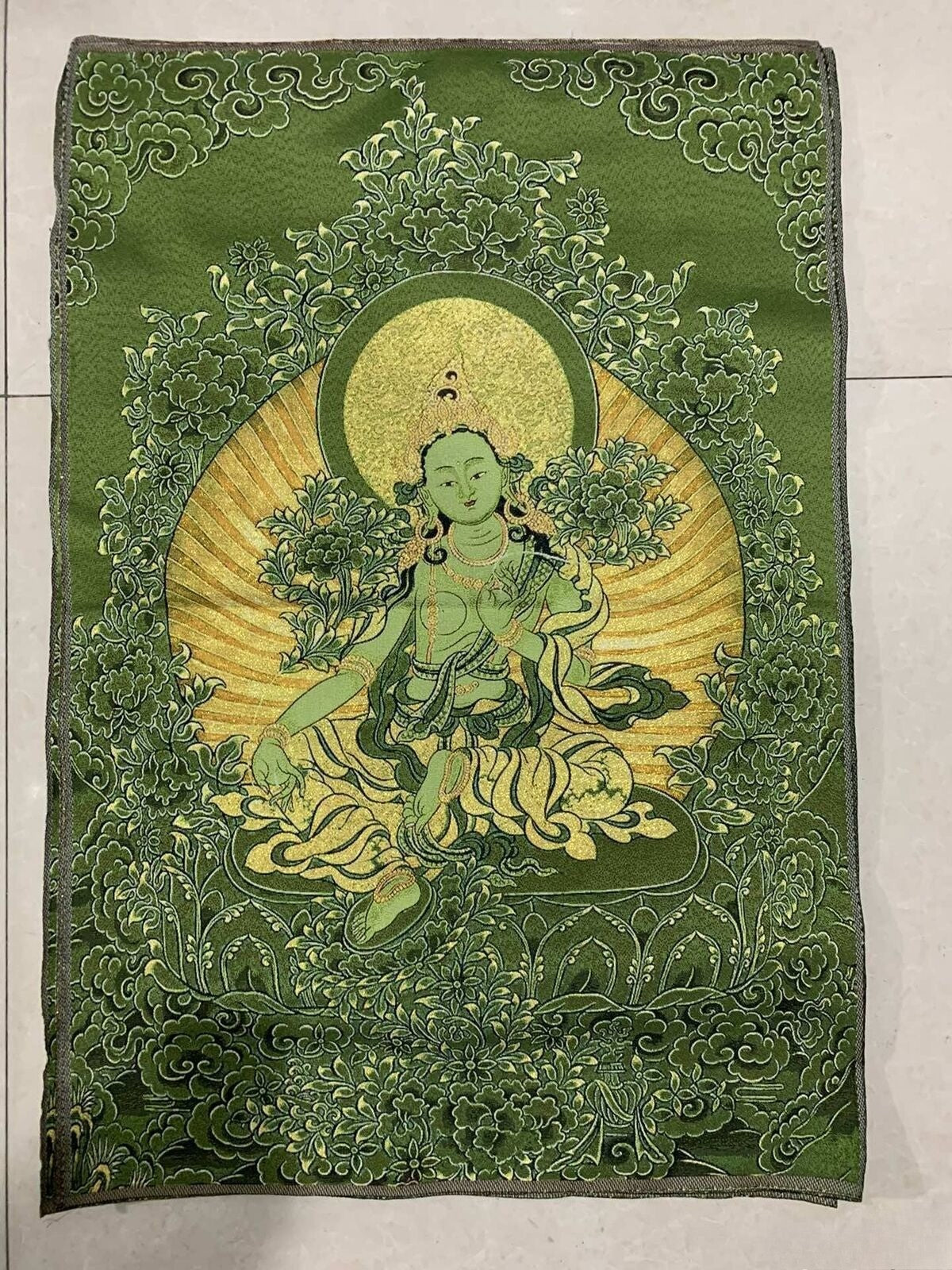 36"Tibet Tibetan Cloth Silk Buddhism Green Tara Guanyin Tangka Thangka Mural