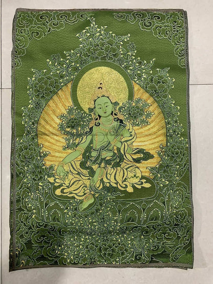36"Tibet Tibetan Cloth Silk Buddhism Green Tara Guanyin Tangka Thangka Mural