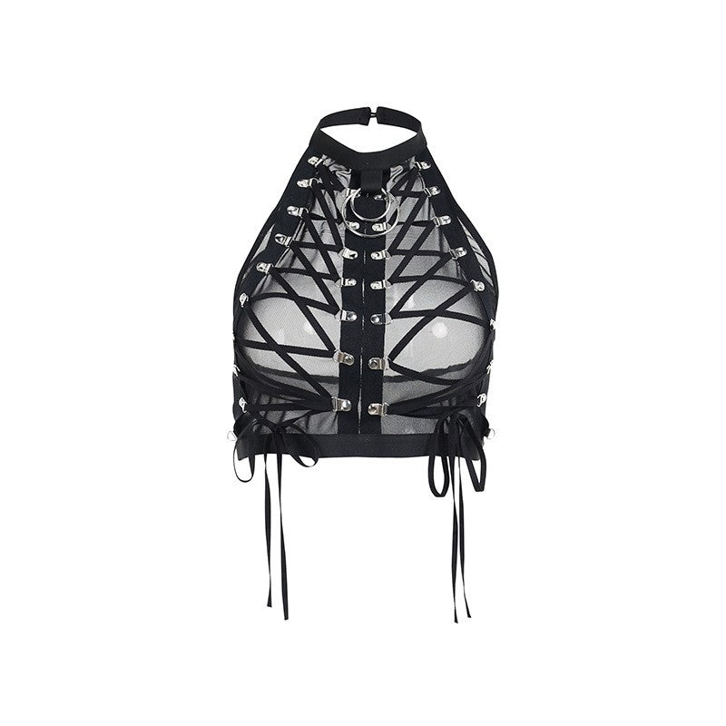 Sexy Women's Gothic Style Back Strap Slim Fit Mesh Perspective Umbilical Vest
