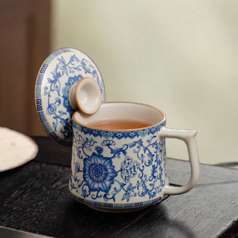 Ceramic Tea Cup With Handle Lid Blue-and-white Porcelain Office Mug Ruyao Craft