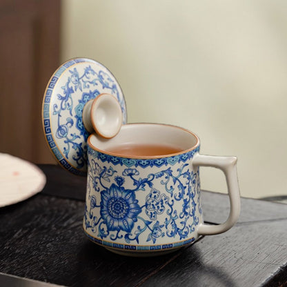 Ceramic Tea Cup With Handle Lid Blue-and-white Porcelain Office Mug Ruyao Craft